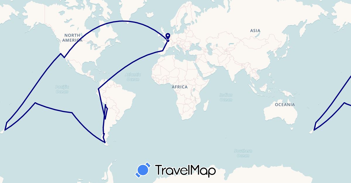 TravelMap itinerary: driving in Argentina, Chile, Ecuador, Spain, France, New Zealand, United States (Europe, North America, Oceania, South America)